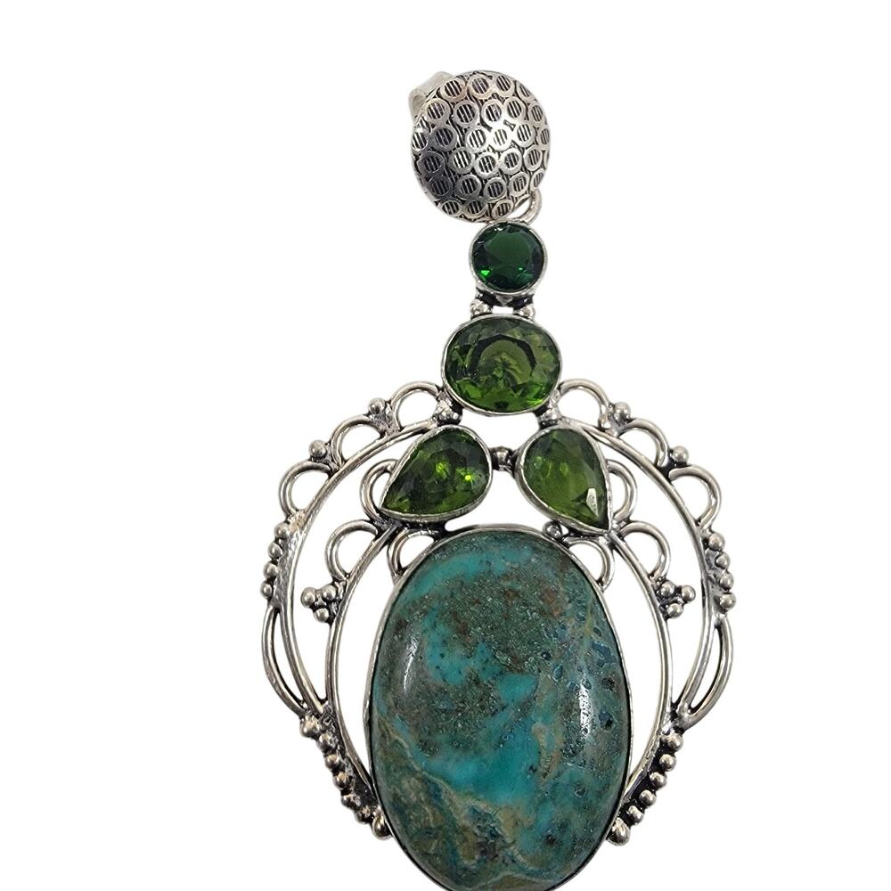 Handmade Silver Pendant with Turquoise and Green Peridot Gems